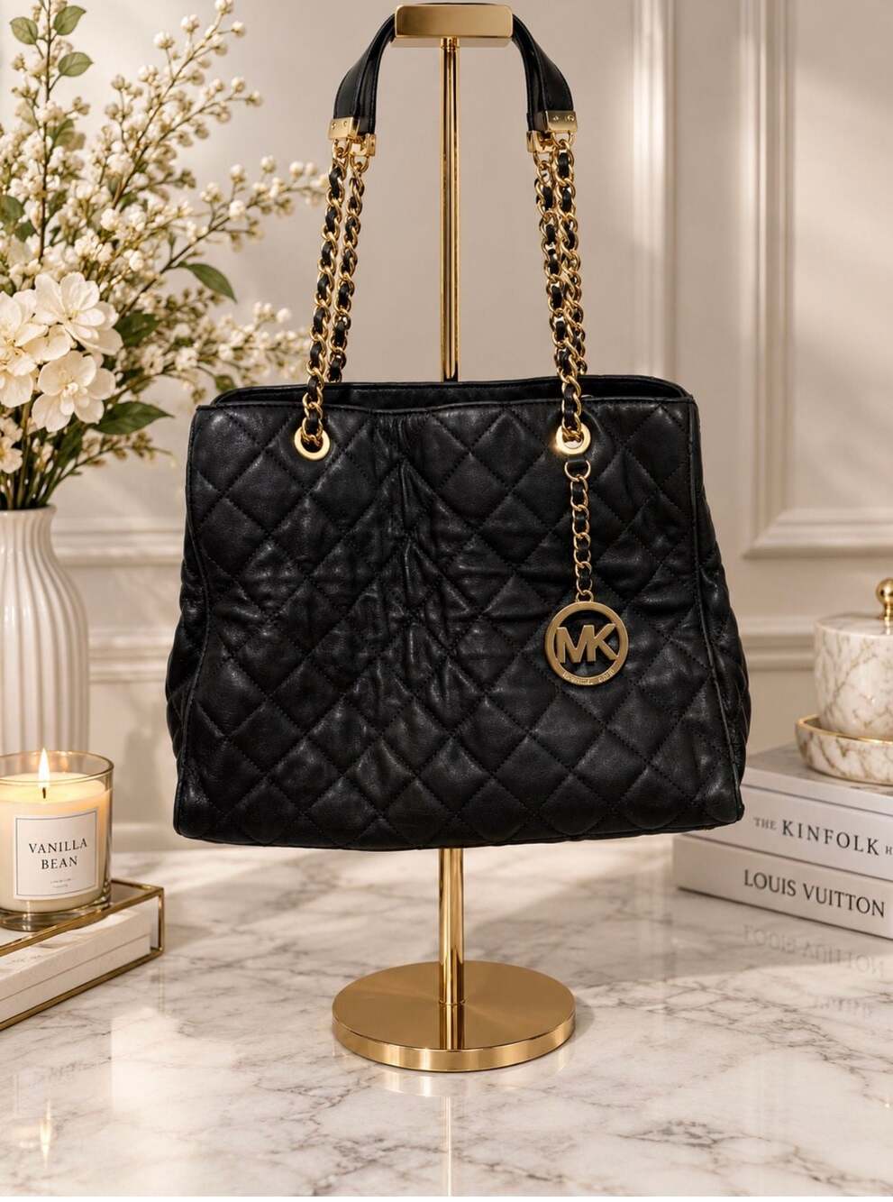 Michael Kors Black Quilted Leather Shoulder Bag with Gold Chain Straps